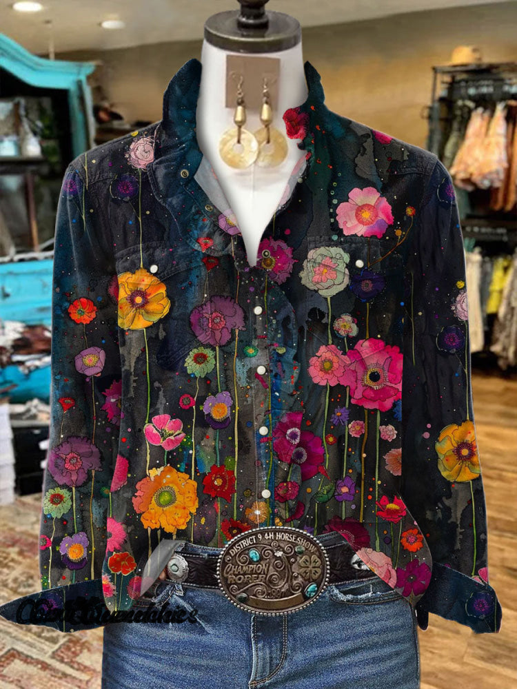 Women’s Vintage Flower Print Casual Long Sleeve Comfortable Cotton Shirt Multicolor / S