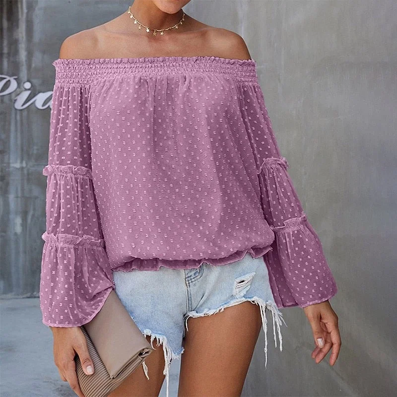 Summer Off Shoulder Blouse Women Fashion Solid Color Long Sleeve Plus Size Casual Sexy Shirts Female Chiffon Tops And Blouses