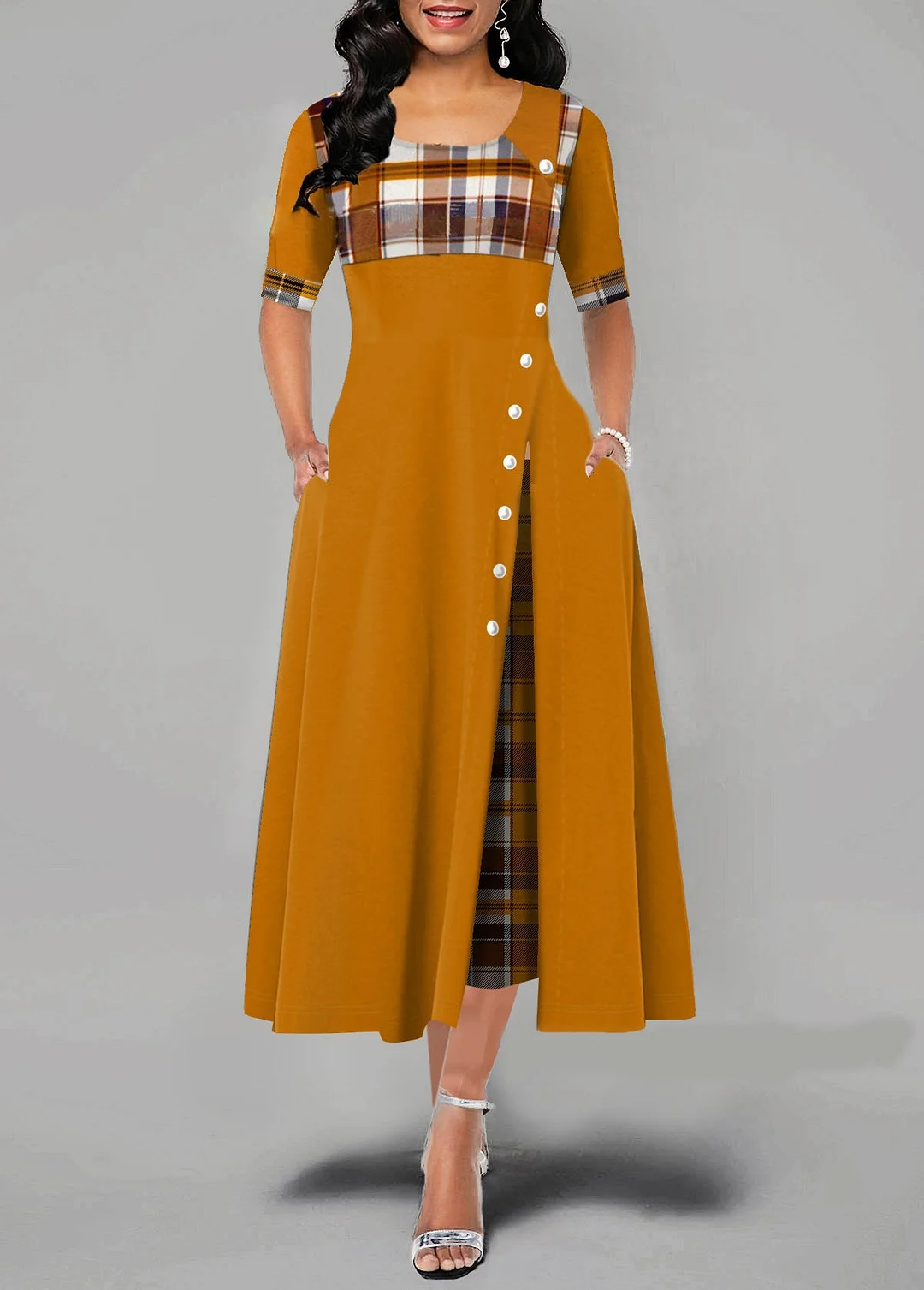 Brownm Temperament Commute Round Neck Color Half Sleeve Irregular Long Dress