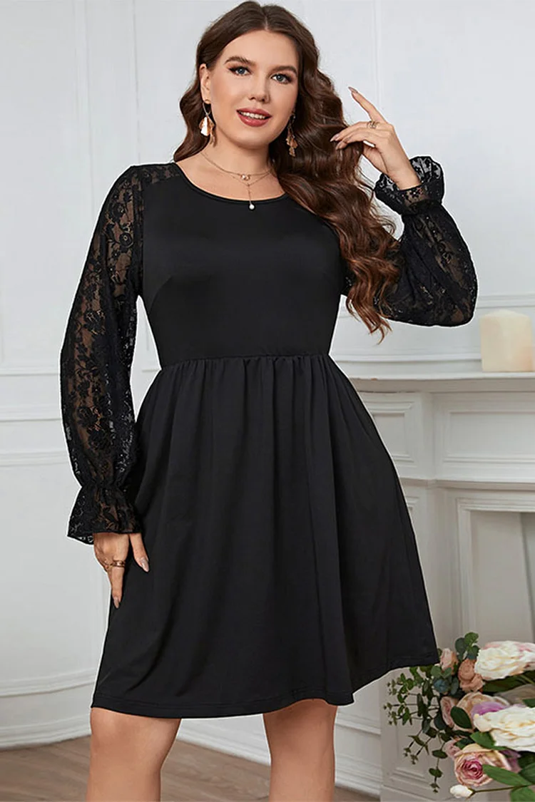 Plus Size Casual Black Boho Retro Lace Stitching Long Sleeve Tunic Midi Dress  Flycurvy [product_label]