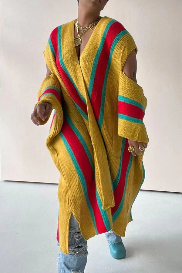 Colorful Striped Feminine Cold Shoulder Cardigan