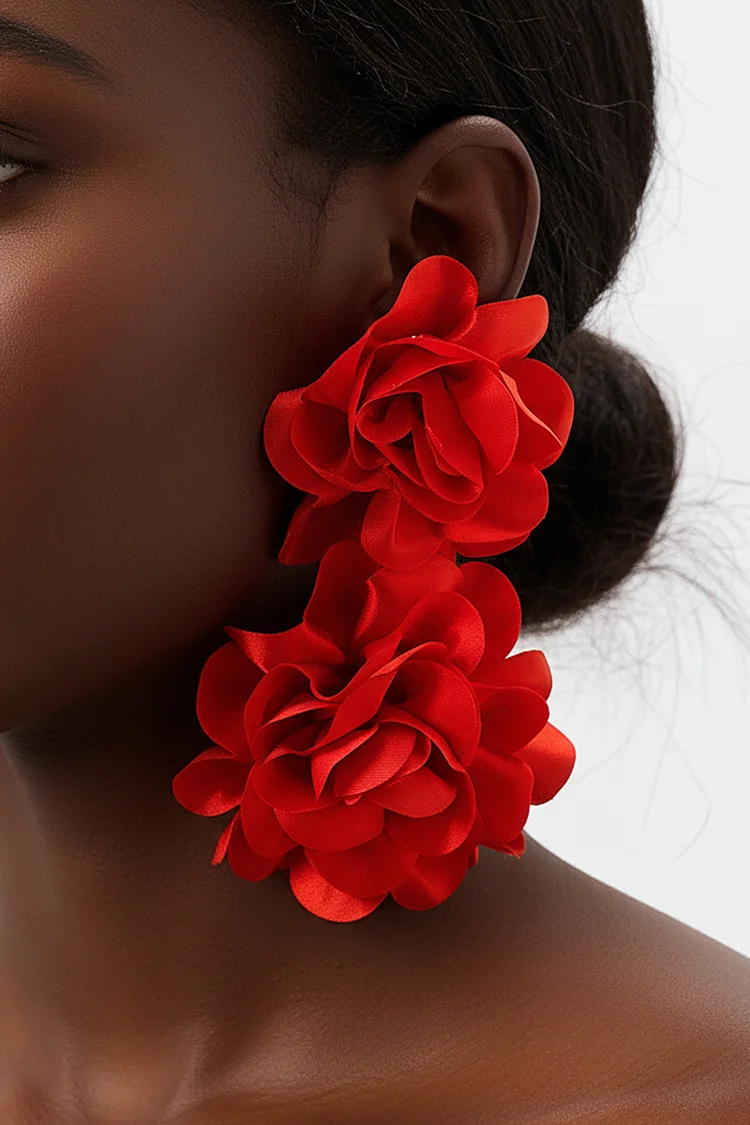 Fashion Red Satin Floral Shaped Long Earrings 2024 - Xpluswear