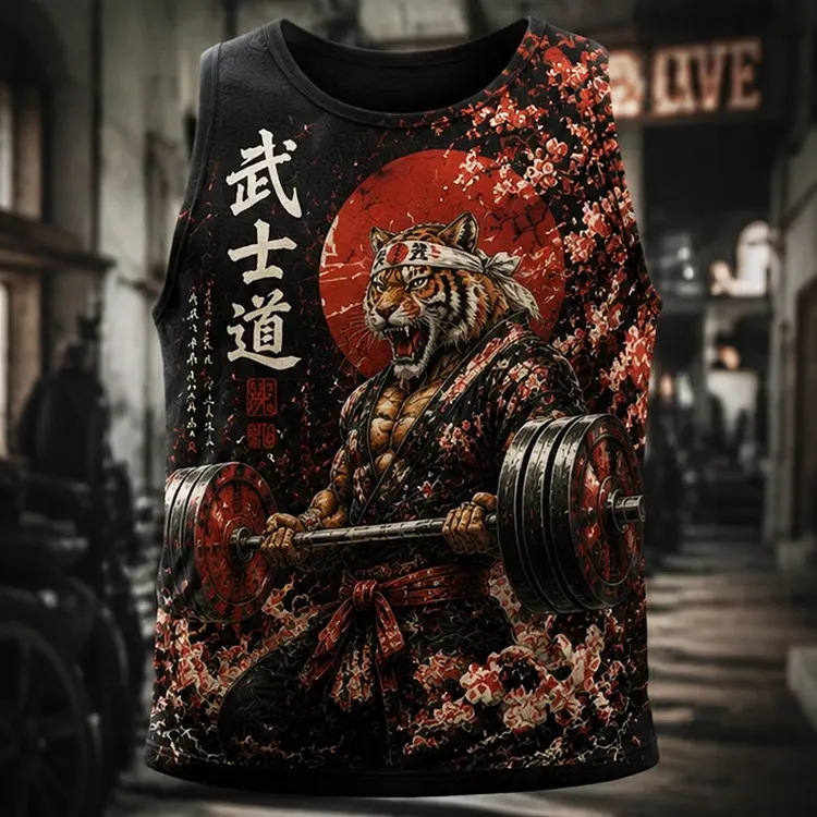 Men's Bushido Tiger Samurai Weightlifting Cherry Blossom Red Sun Wave Art Print Tank Top