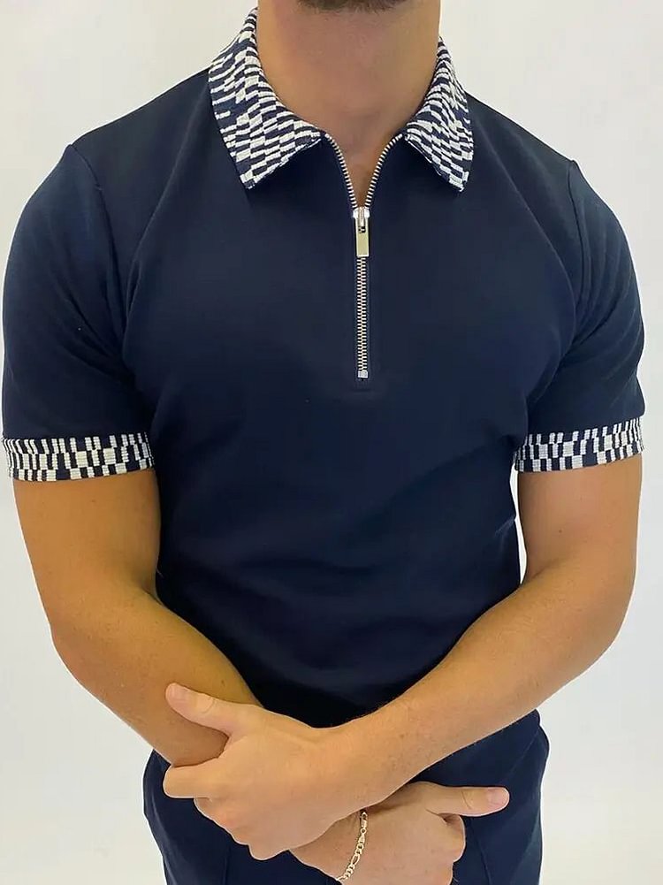 Men's fashion casual collar contrast navy blue polo shirt