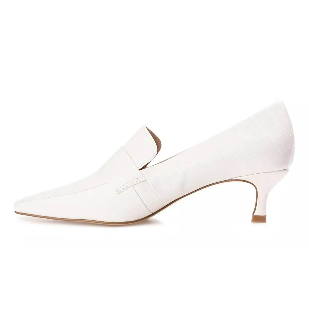 White Crocodile Embossed Square Toe Kitten Heel Women's Loafers