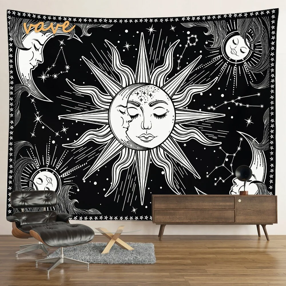 Nigikala Mandala Tapestry Sun And Moon White Black Cloth Fabric Large Tapestry Wall Hanging Boho Hippie Aesthetic Dorm Room Decor
