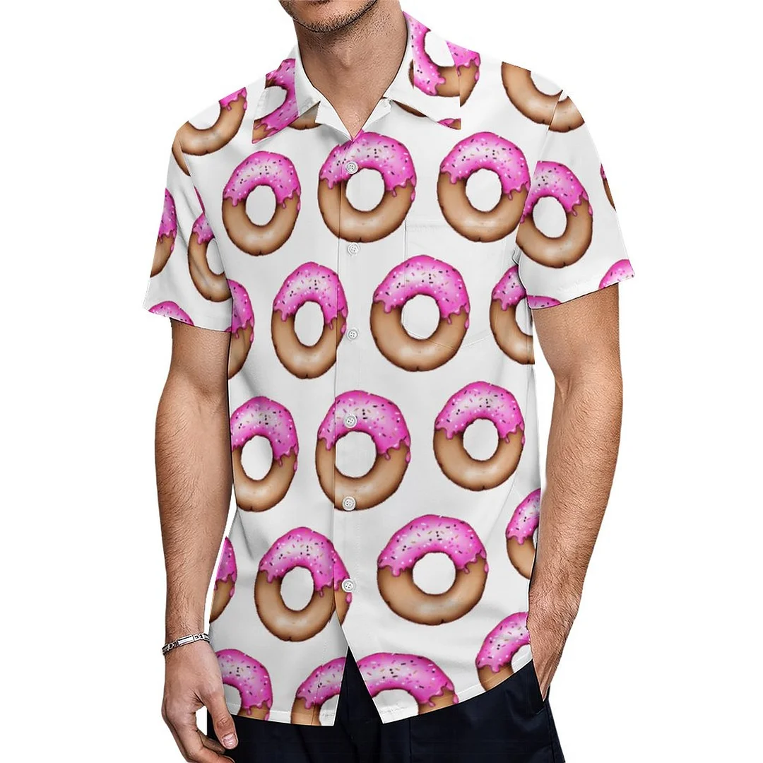 Frosted Donut With Pink Sprinkles Hawaiian Shirt Mens Button Down Plus Size Tropical Hawaii Beach Shirts