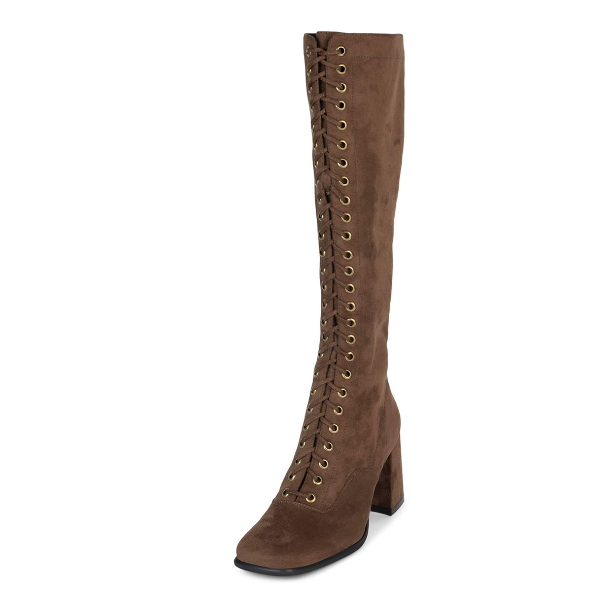 Brown Square Toe Chunky Heel Knee High Boots with Lace Up Design Nicepairs