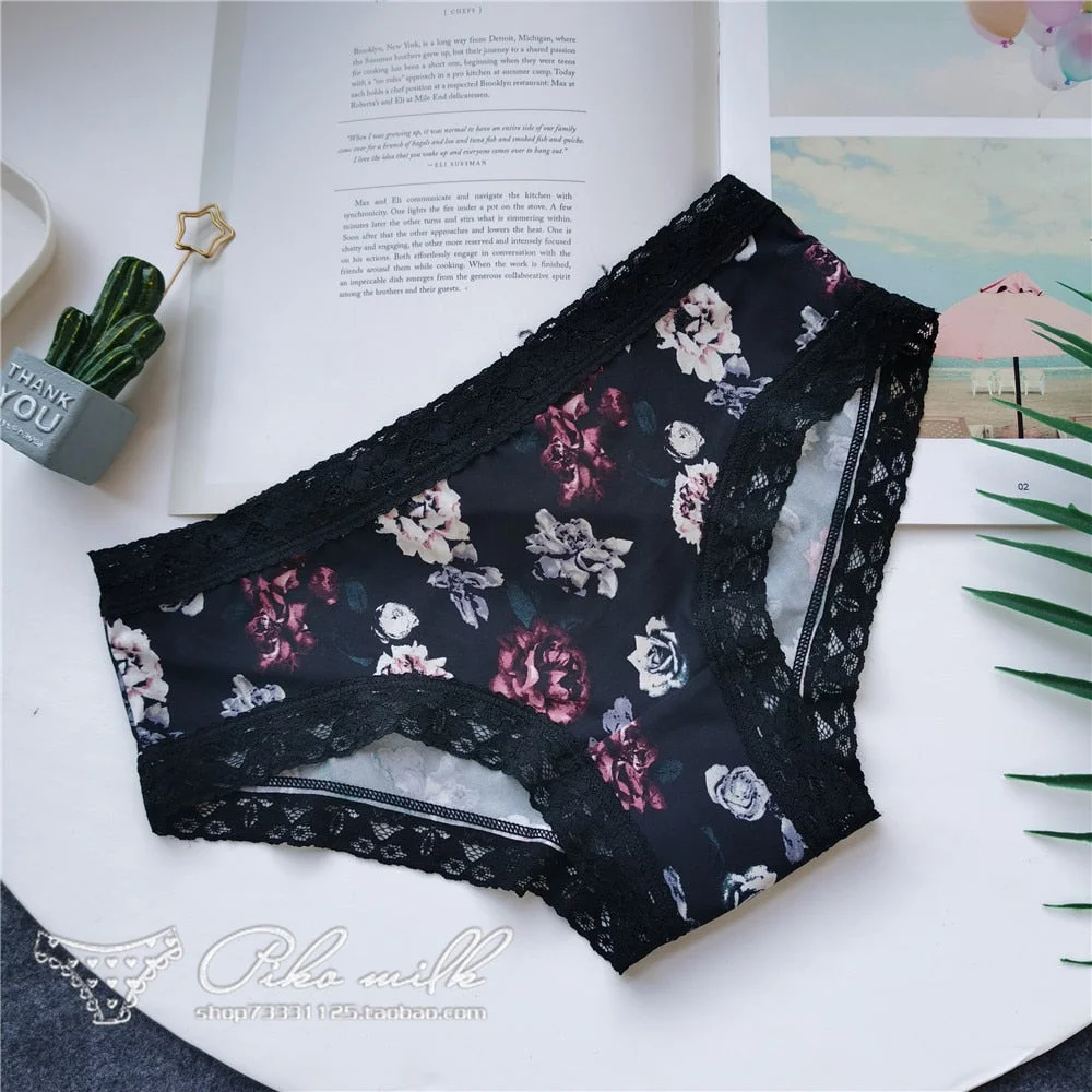 European Style Sexy Underwear Women's Ice Silk Printing Panties Fashion Lace Briefs Ladies Low Waist Underpants Female Lingerie