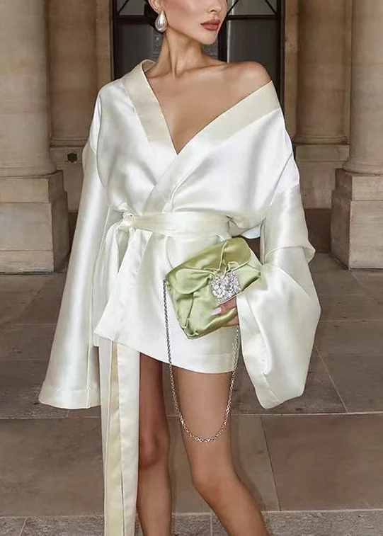 Women White Tie Waist Draping Silk Mini Dresses Summer