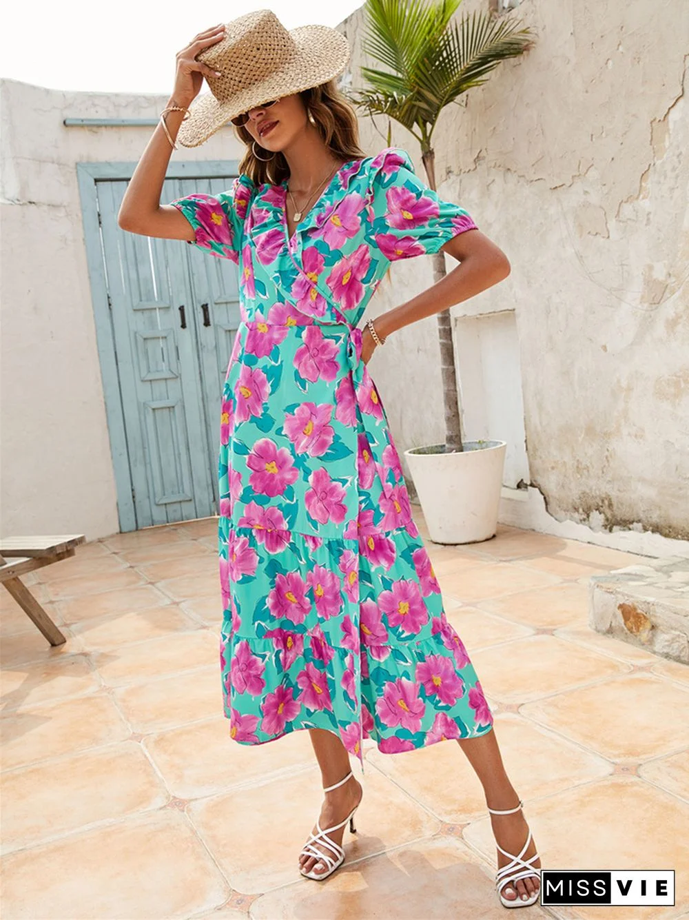 Explosive Dress Print V-neck High Waist Short Sleeve Temperament Dress