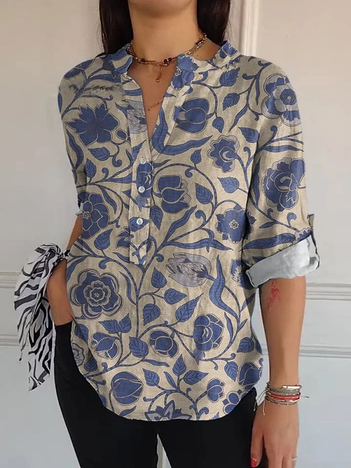 Vintage Floral And Vine Pattern Printed Women's Casual Long Sleeve Comfortable Cotton Shirt