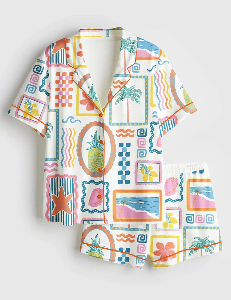 Women&rsquo;s Trendy Beach Patchwork Summer Seashells Girly Summer Print Short Sleeve Satin Pajama Set