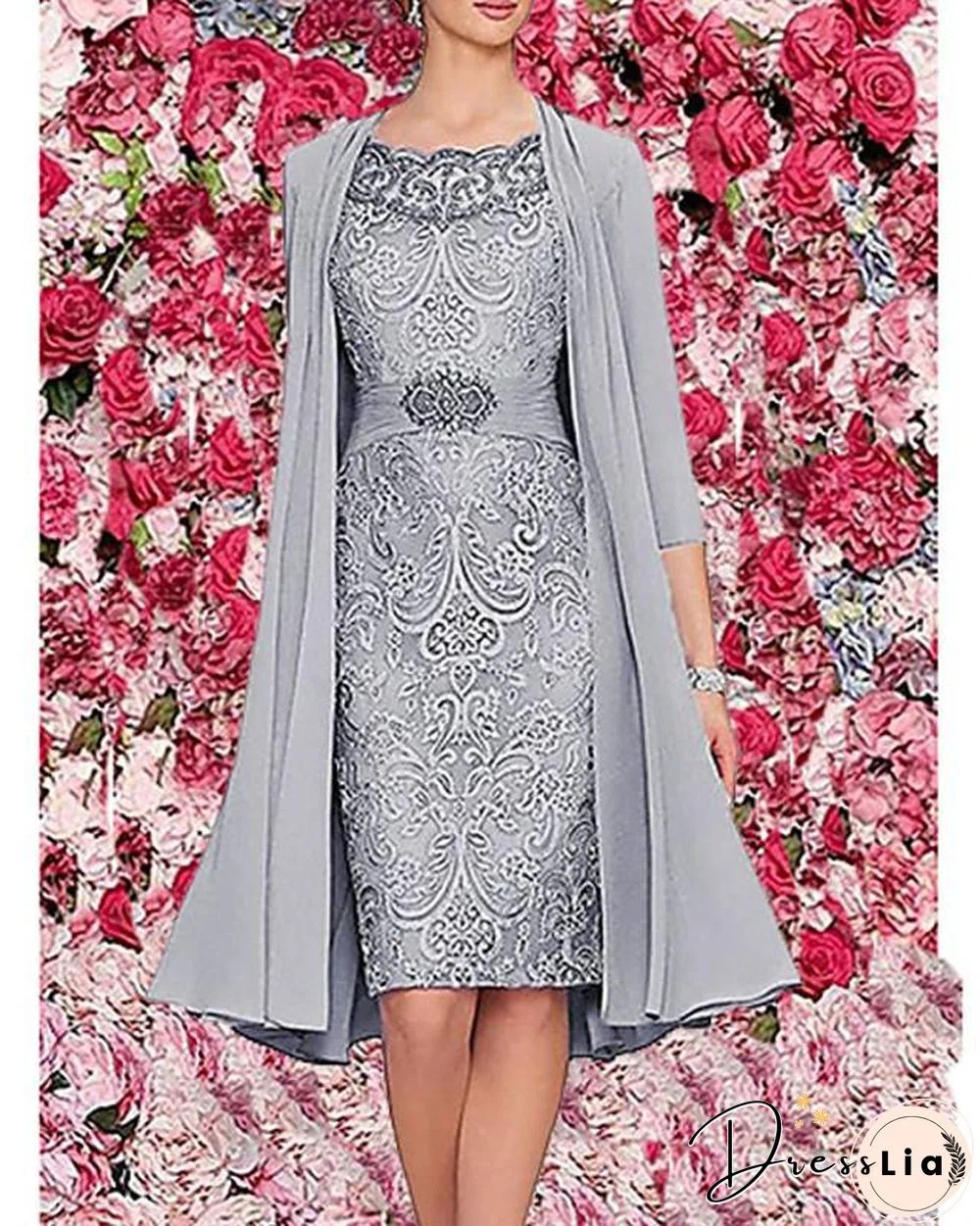 Women's Two Piece Dress Knee Length Dress 3/4 Length Sleeve Floral Jacquard Spring & Summer Hot Elegant Wine Dark Blue Gray M L XL XXL 3XL