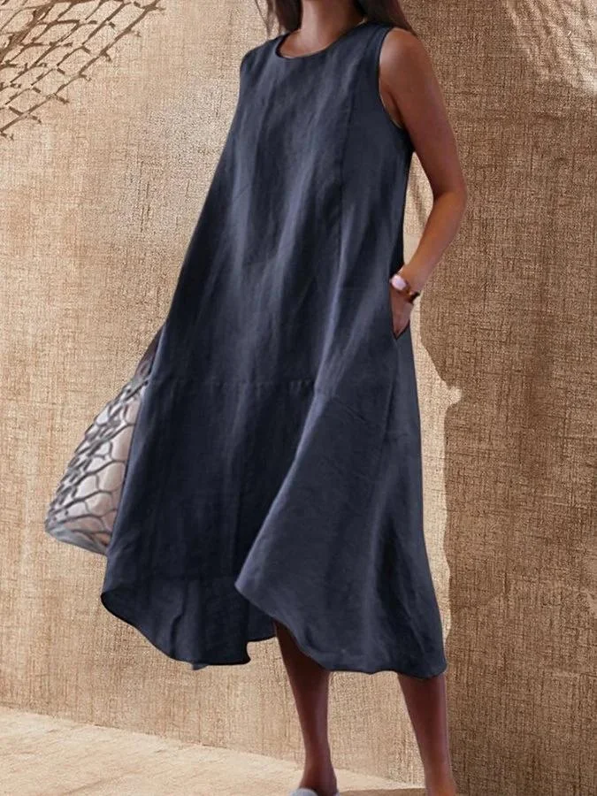 Women's Round Neck Pocket Sleeveless Casual Midi Dress