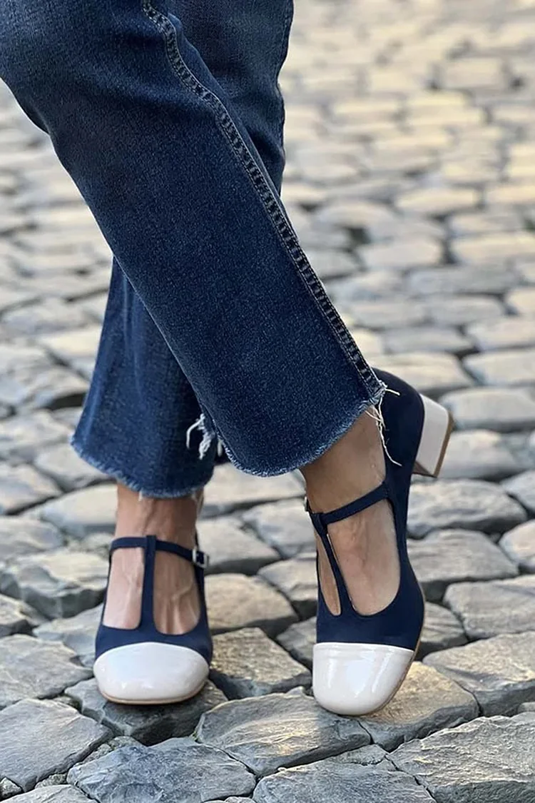 T-Strap Buckle Colorblock Round Toe Dark Blue Low Heels