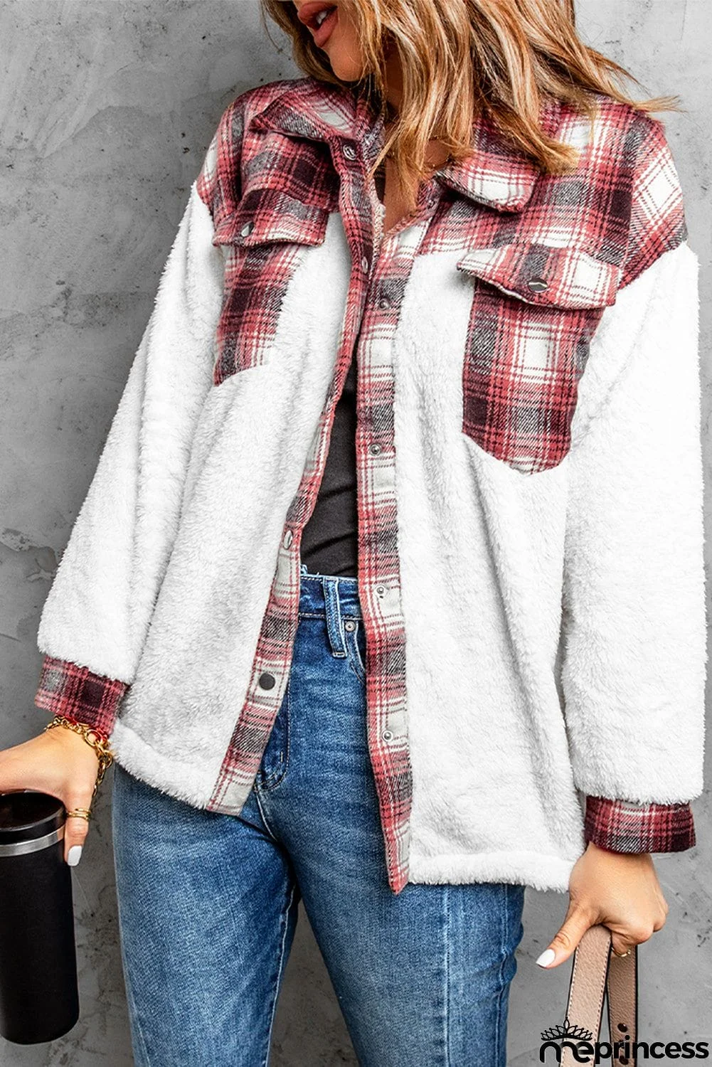 Plaid Patchwork Buttoned Pocket Sherpa Jacket