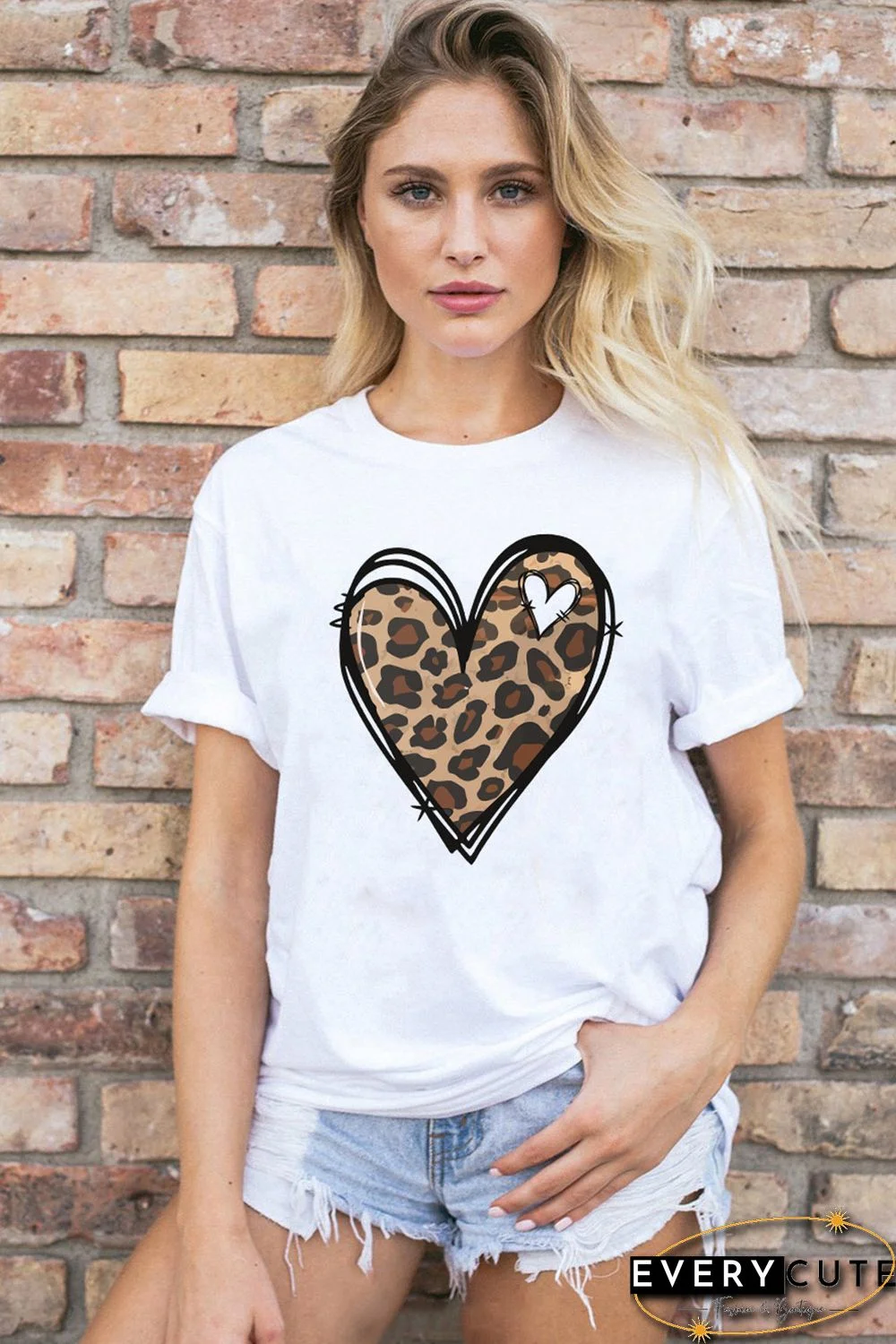 White Leopard Heart Pattern Print Valentines T Shirt