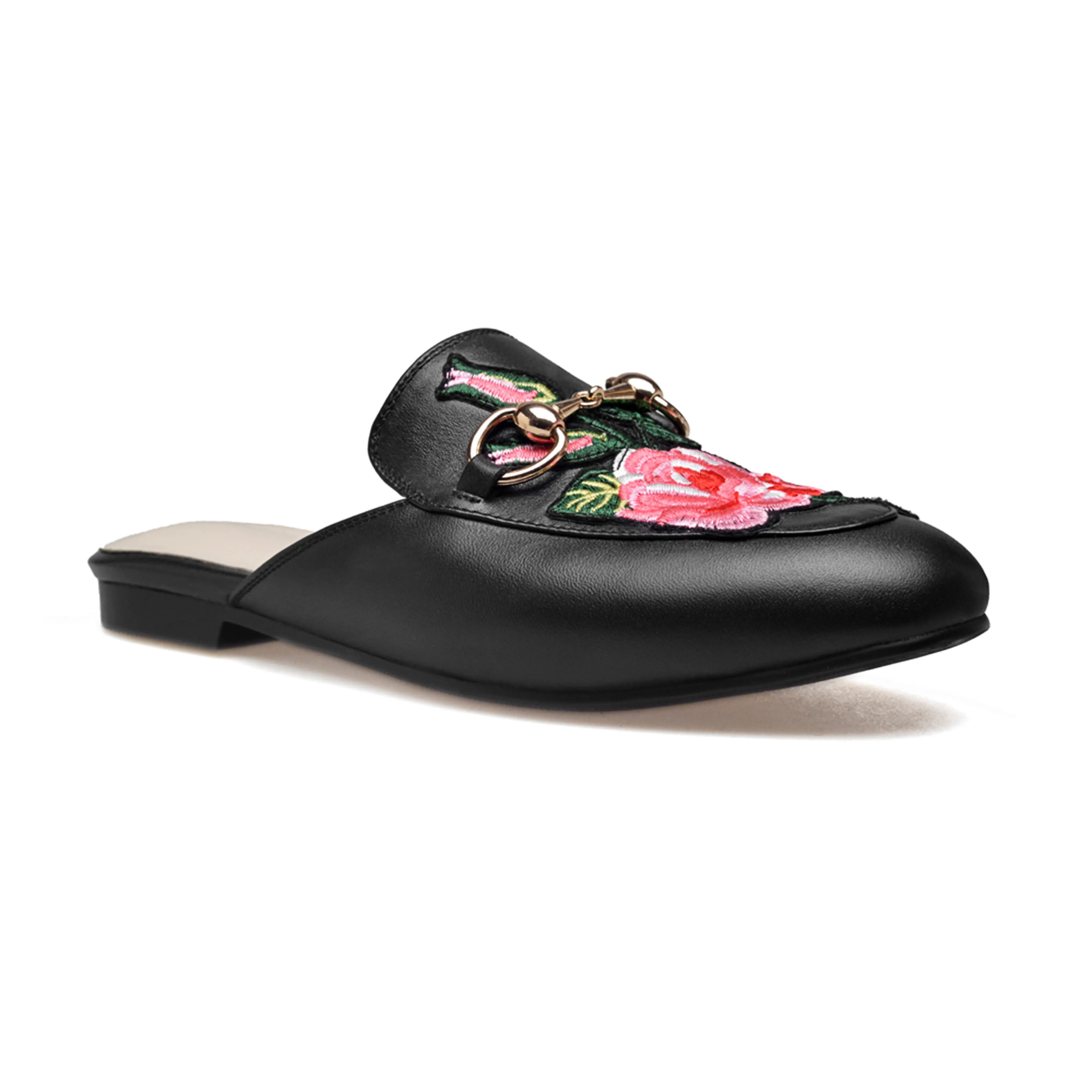 Black Rose Toe Flats with Metal Buckle Mules Shoes-vocosishoes
