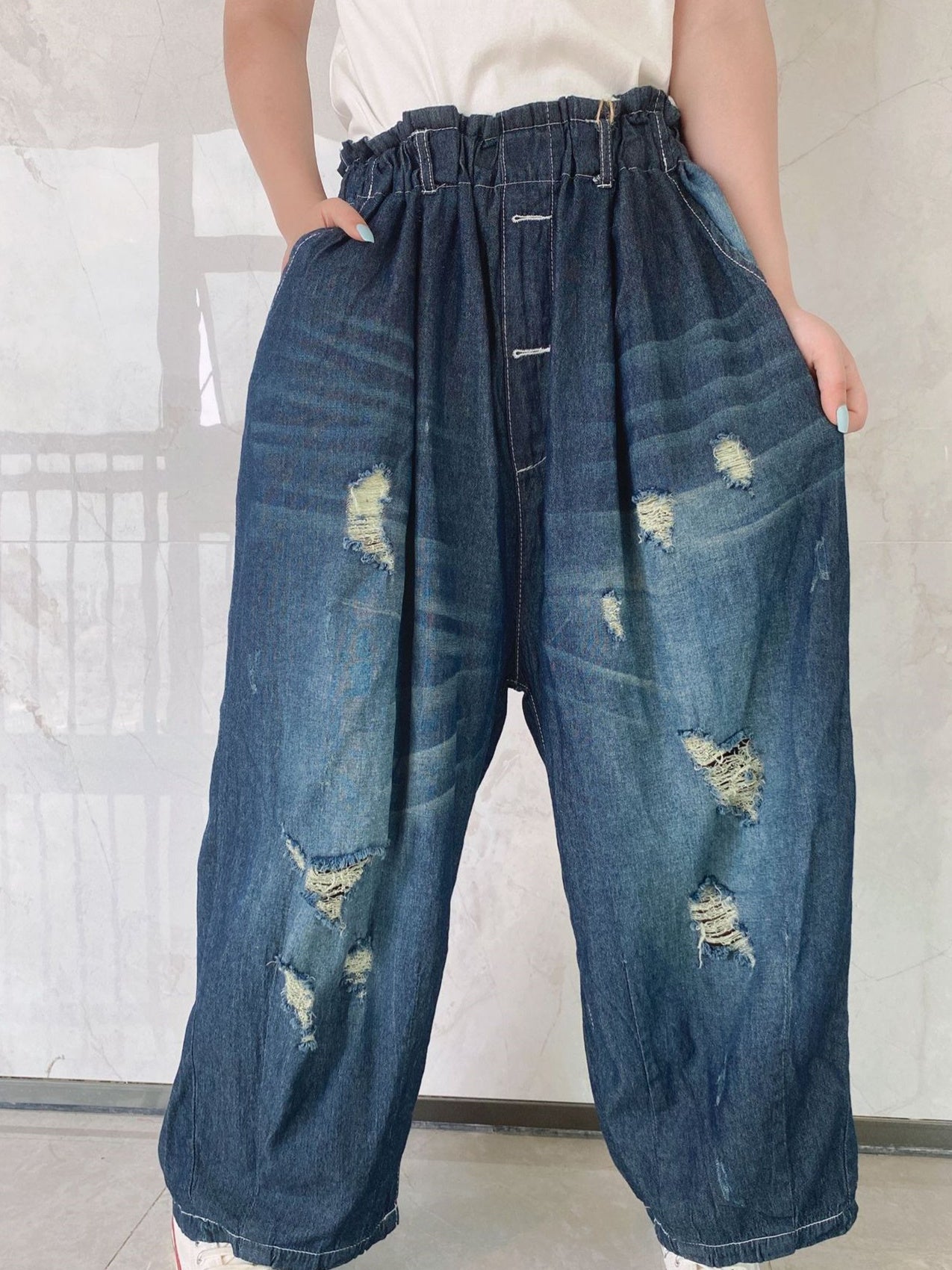 Women's Hole Casual Wide Leg Ripped Denim Cropped Pants