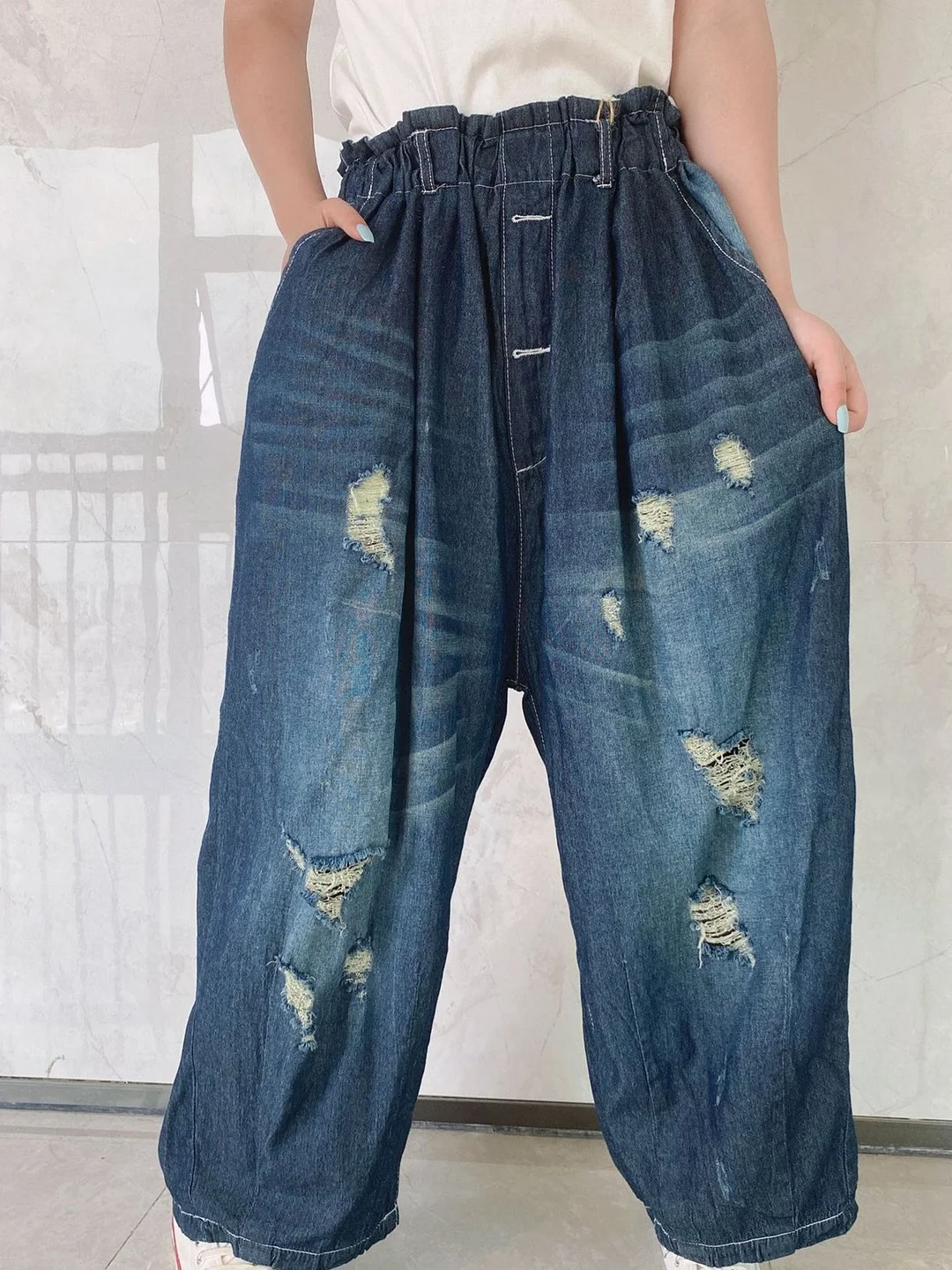 Women's Hole Casual Wide Leg Ripped Denim Cropped Pants