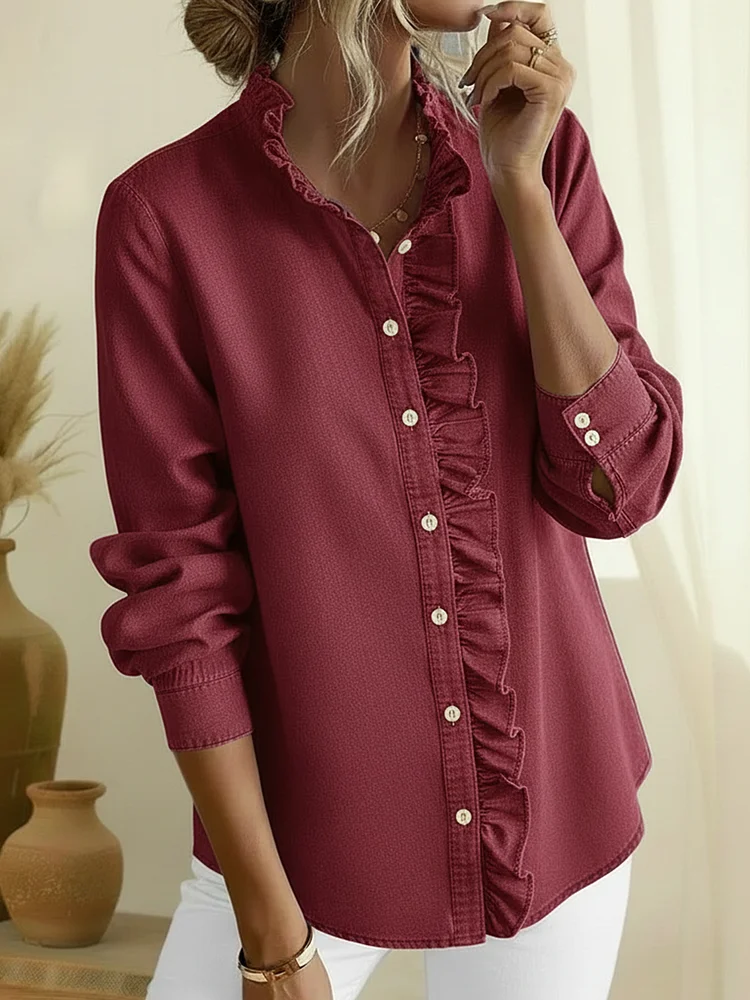 Elegant Lace-collared Denim Shirt Top socialshop