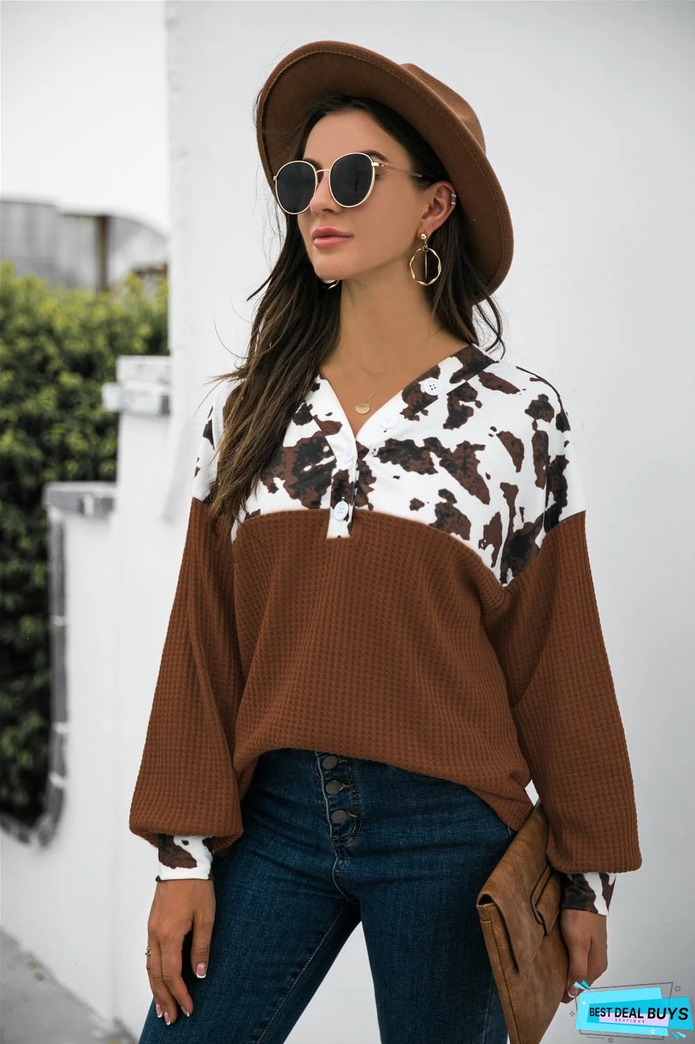 Cow Print Splicing Buttons Long Sleeve Top