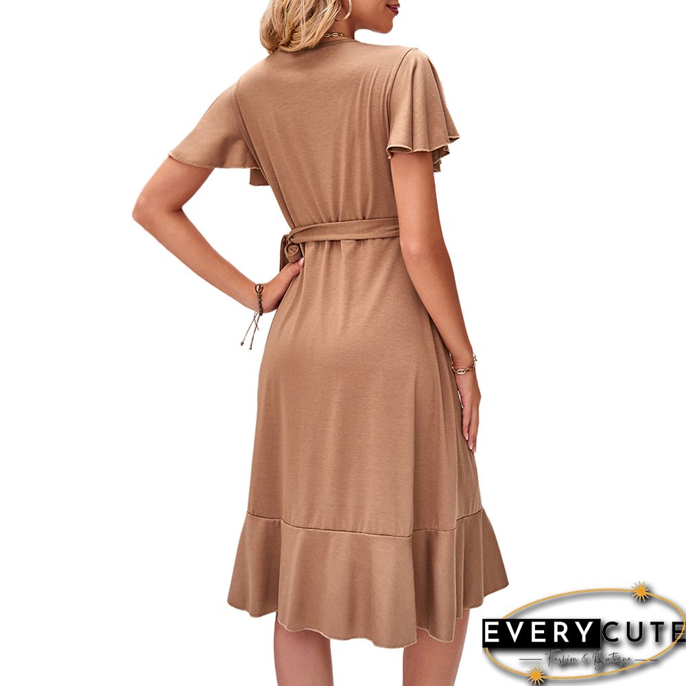Khaki V Neck Ruffle Hem Tie Waist Casual Dress