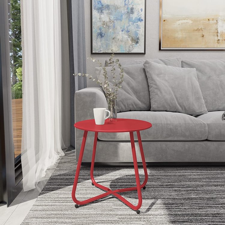 Steel Patio Side Table, Weather Resistant Outdoor Round End Table (Red)