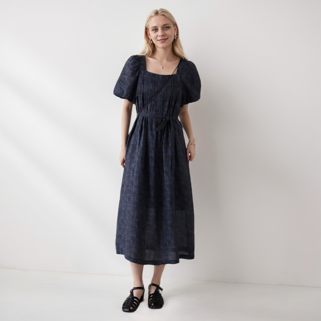 Ramie Dress Retro French Square Collar Floral REAL SILK LIFE