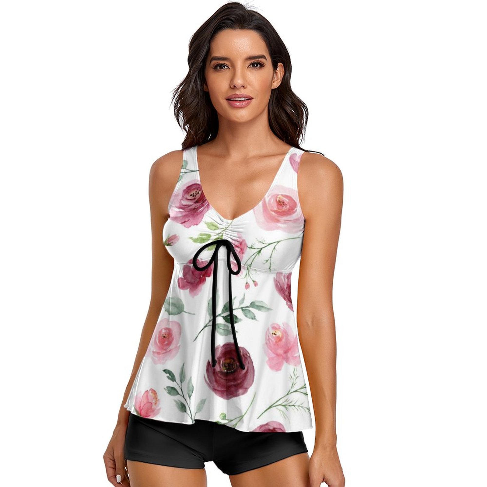 Women's Rose Two Piece Tankini Tummy Control Flowy Swimwear - White