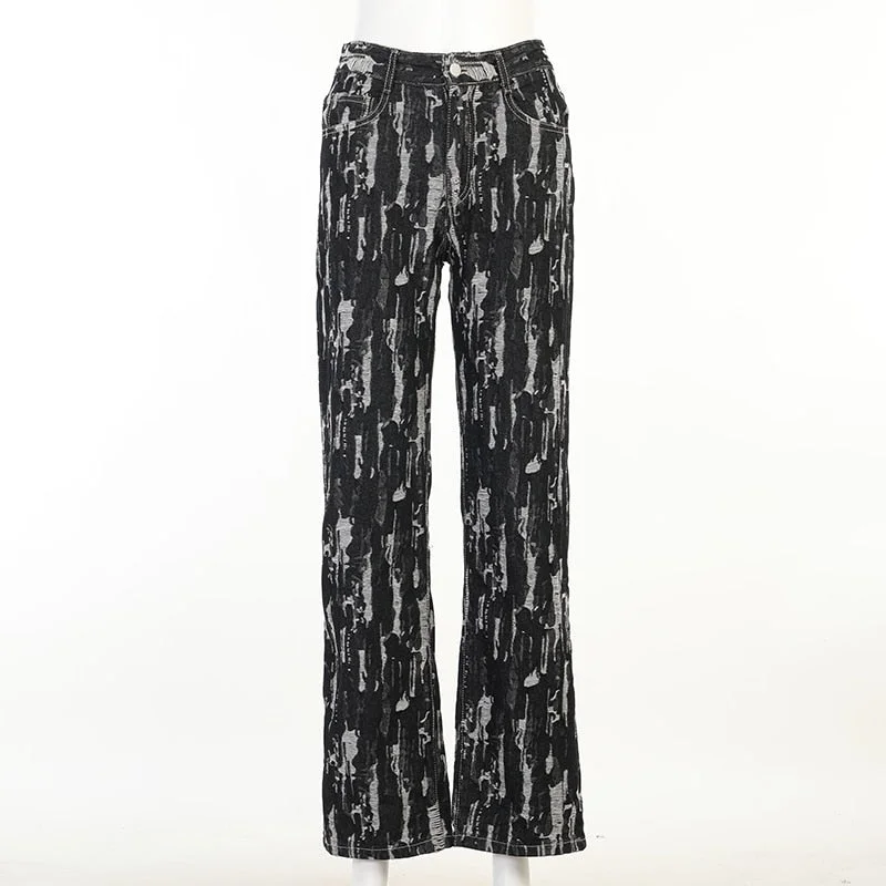 WannaThis Denim Hole Women's Straight Jeans Zipper High Waist Pocket Pants Vintage Button Streetwear Harajuku E-Gril Pantalones