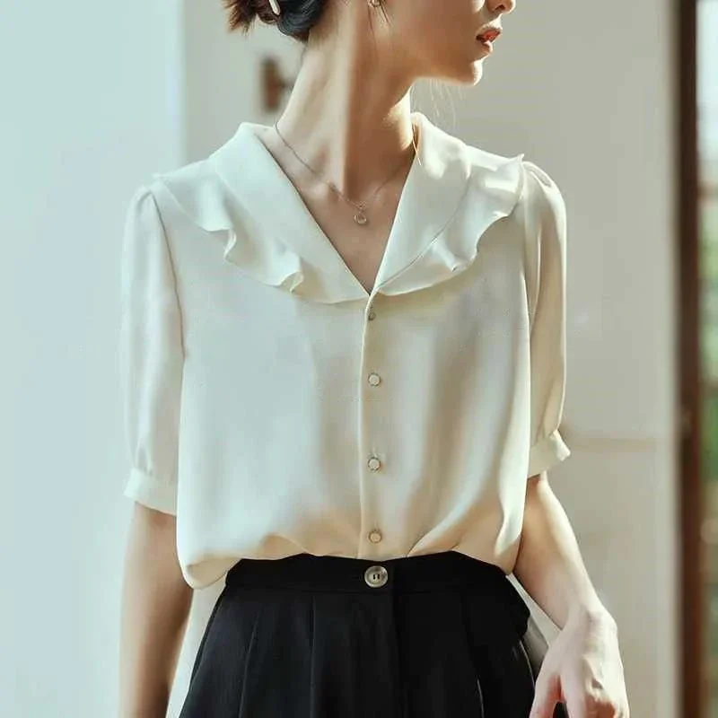 Jangj Collar White Chiffon Blouse 2022 Spring Summer Sweet Style Shirt Short Sleeve Casual Shirt for Female Fashion Clothing