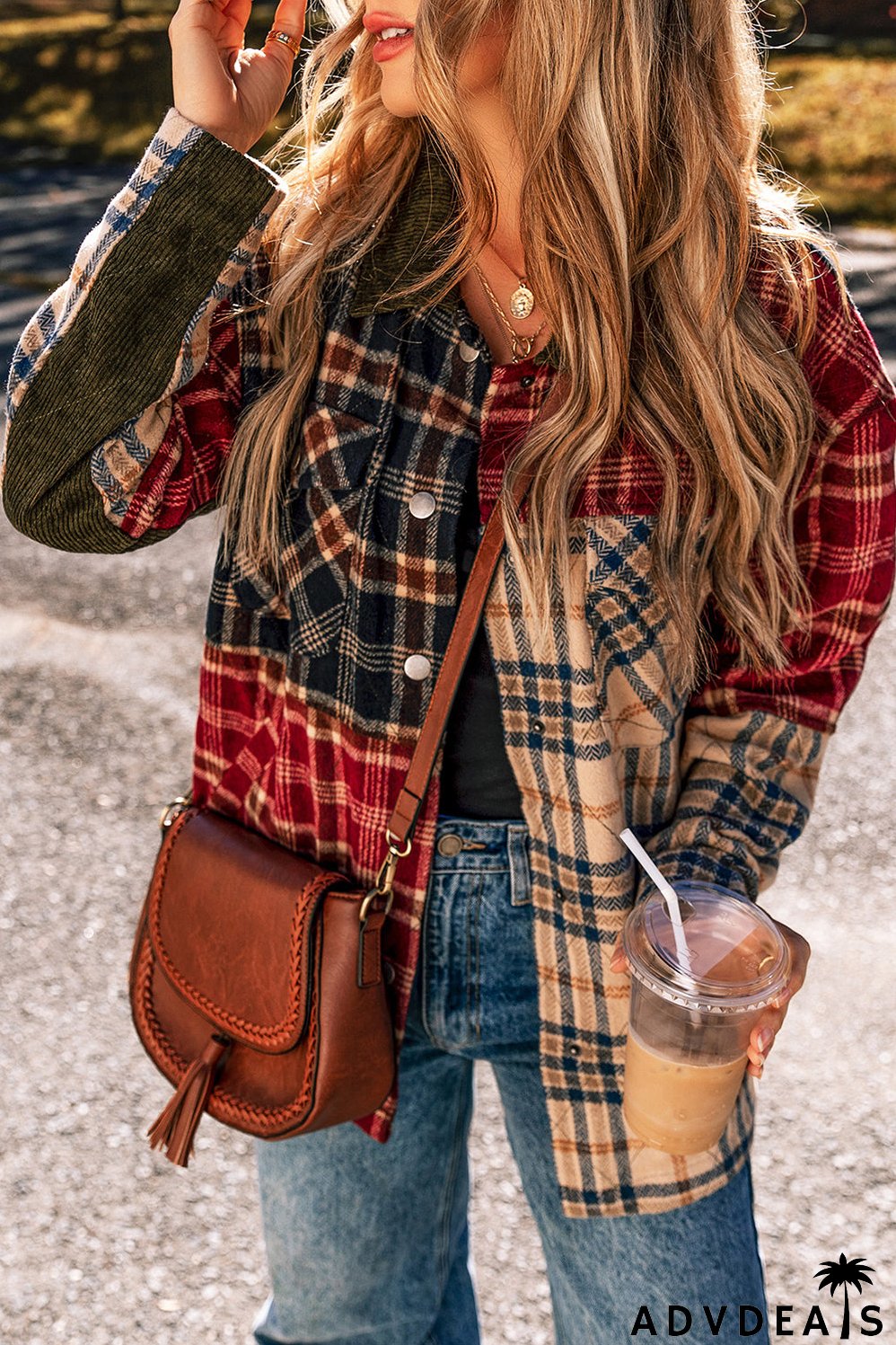 Red Mixed Plaid Patchwork Retro Shacket