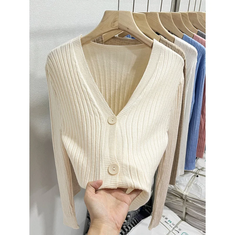 Uveng Uveng Knitted V-Necked Cardigan Trend New Thin Shirt Sweater Coat Short Top Female