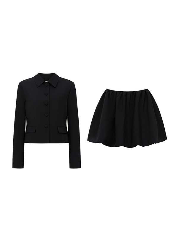 Solid Color Split-Joint Lapel Long Sleeves Blazer Suits + Pleated Mini Skirts Two Pieces Set BLACK-L