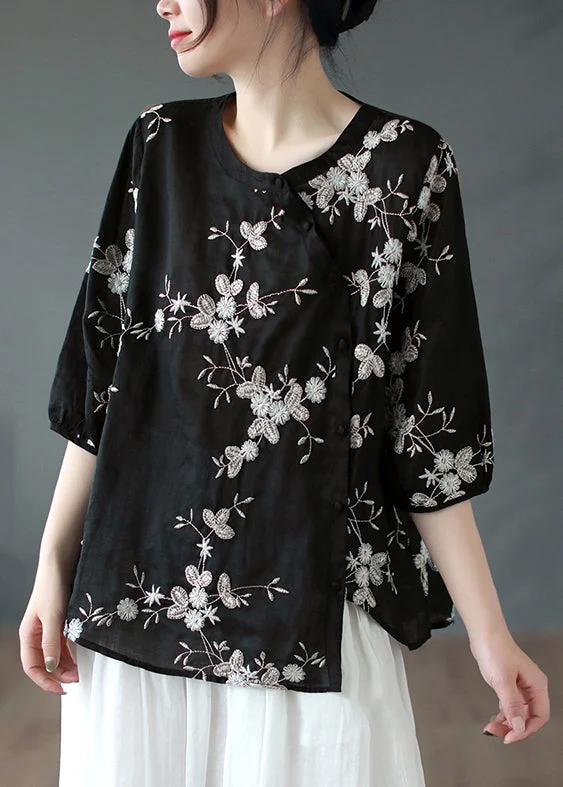 Vintage Black Asymmetrical Button Patchwork Linen Shirt