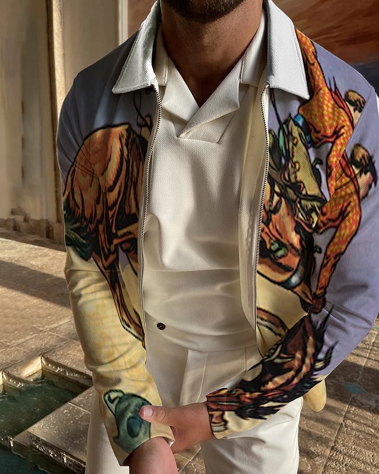 Men's casual geometric pattern retro polo shirt ba4f