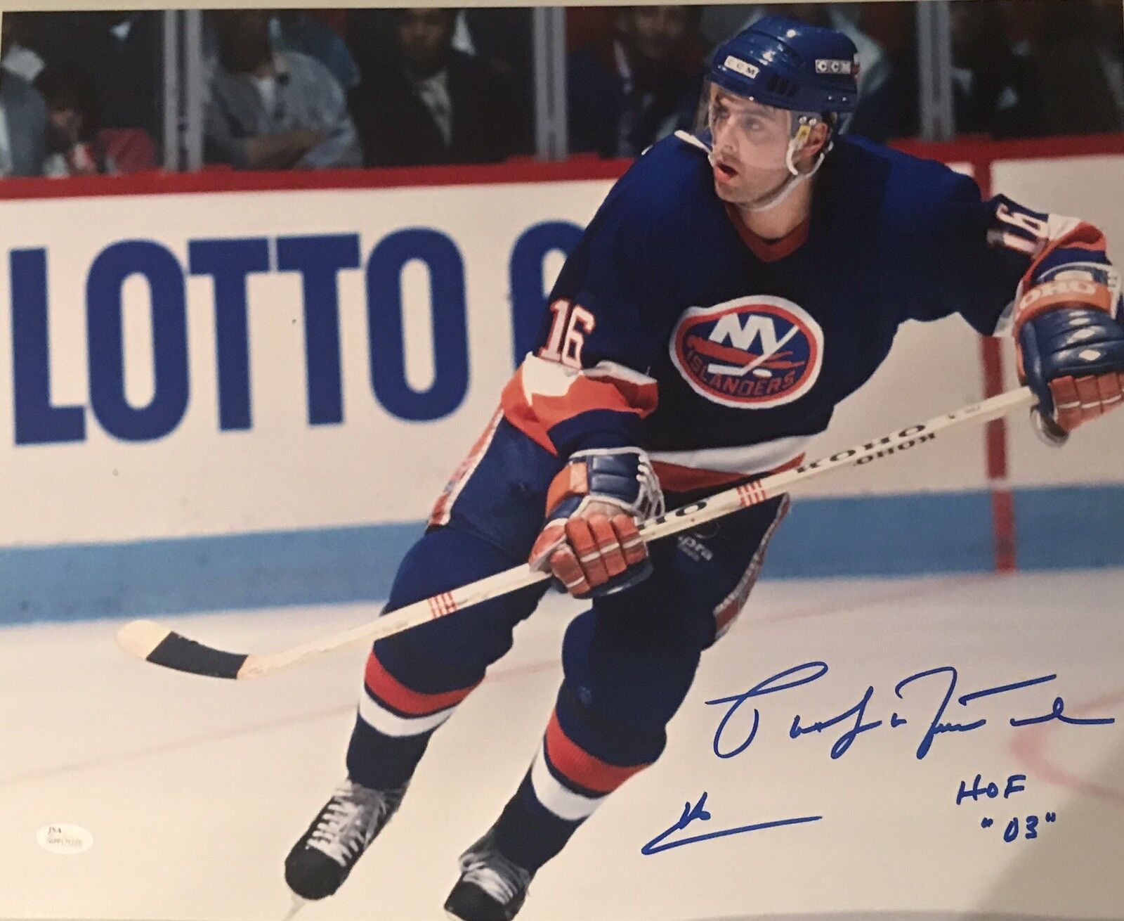 Pat LaFontaine New York Islanders “HOF 03” Autographed 16X20 Pose #2 JSA Witness