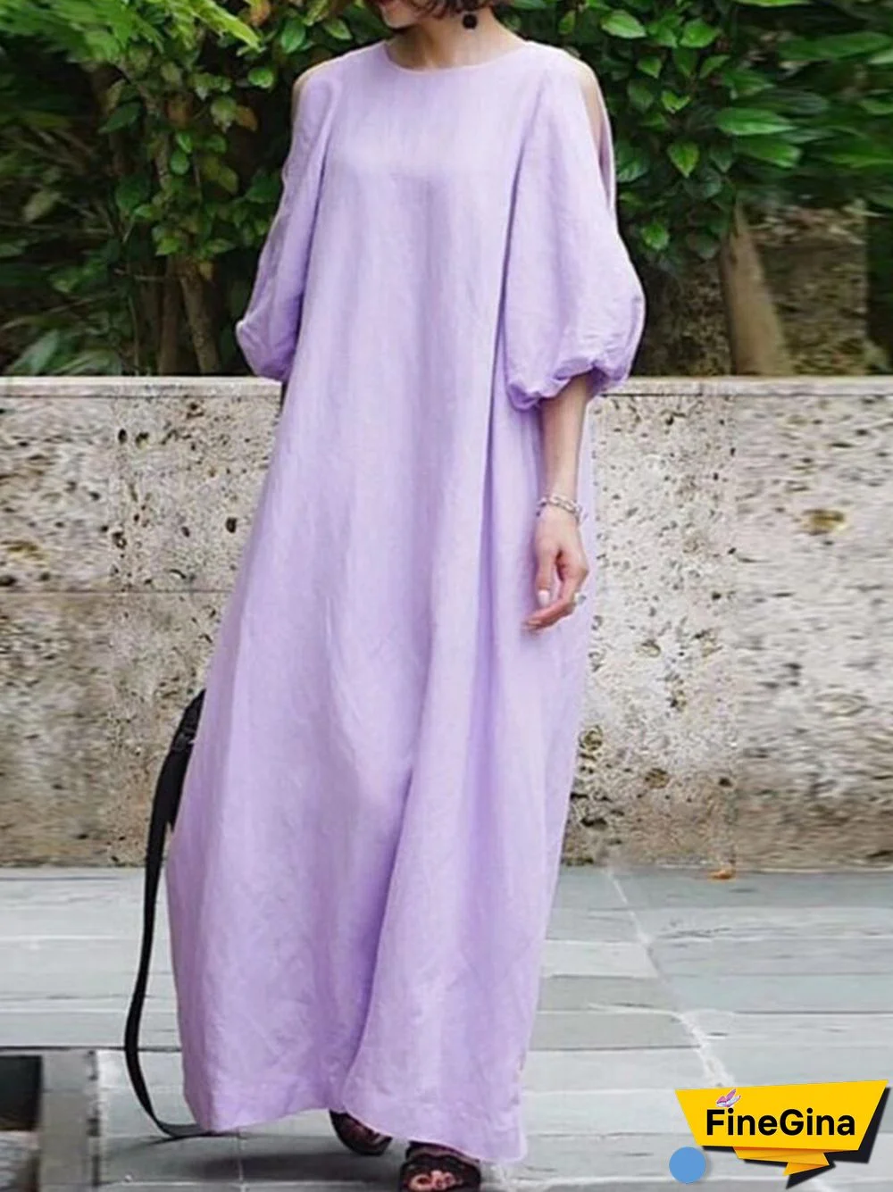 Solid Color Half Puff Sleeve O-neck Maxi Dress
