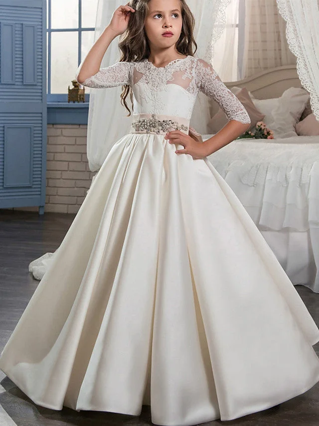Daisda Ball Gown Half Sleeve V Neck Flower Girl Dresses Lace Satin With Beading  Appliques  Crystals  Rhinestones