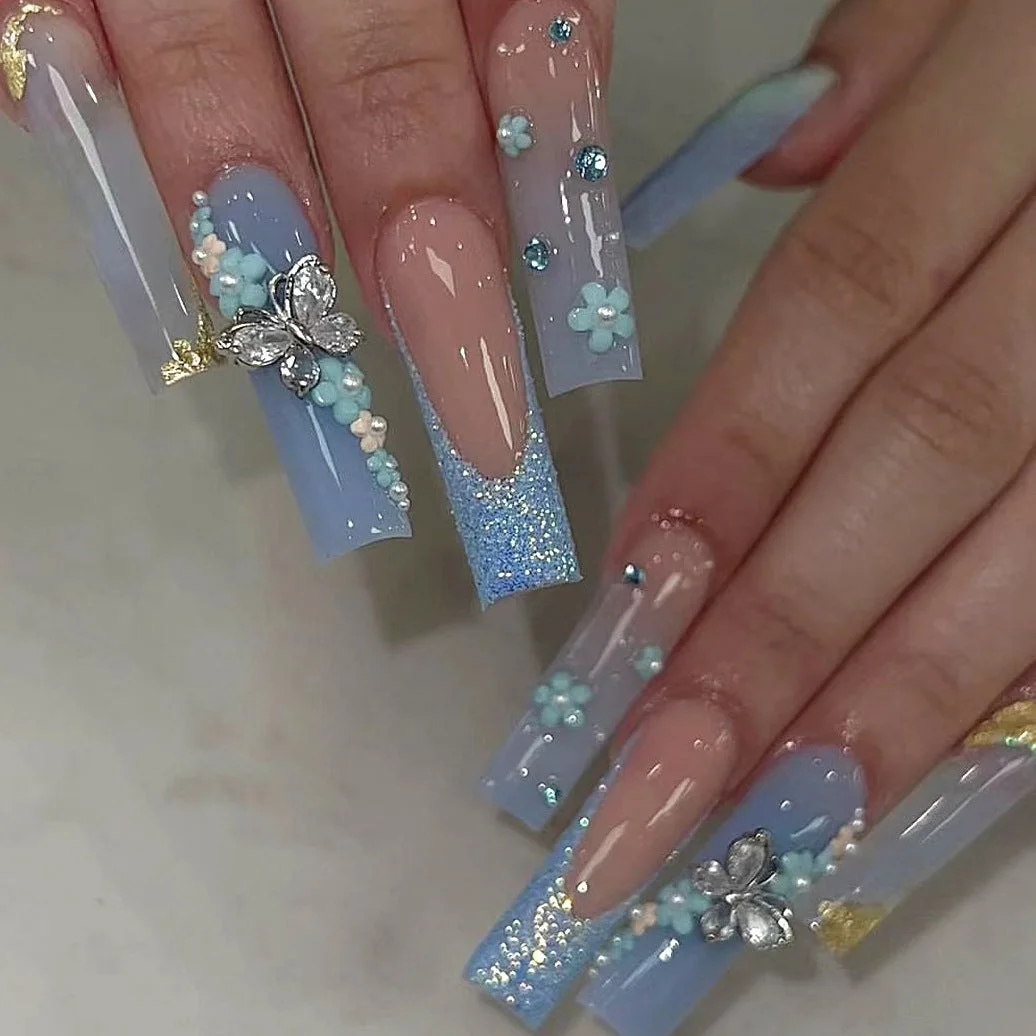Blue Flower Bow Glitter Wearing Nail