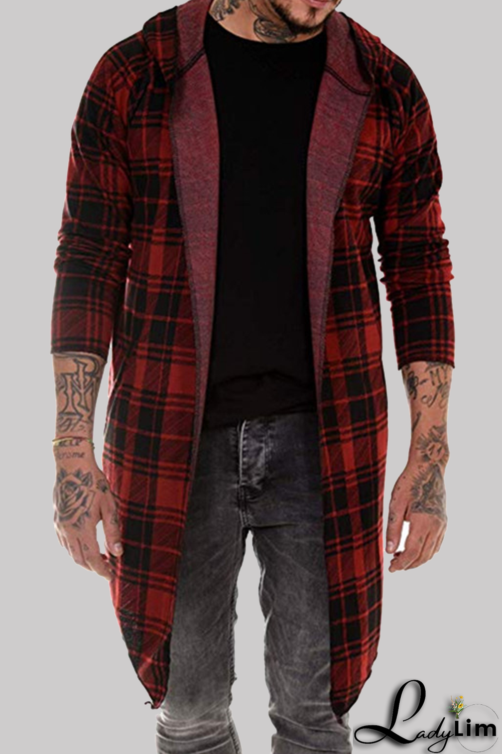 Dark Gray Fashion Casual Plaid Split Joint Hooded Collar Outerwear