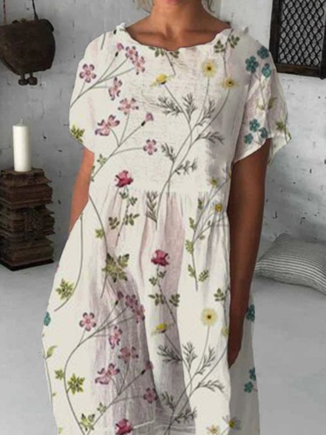 Floral Short Sleeve Cotton-Blend Dresses-vocosishoes