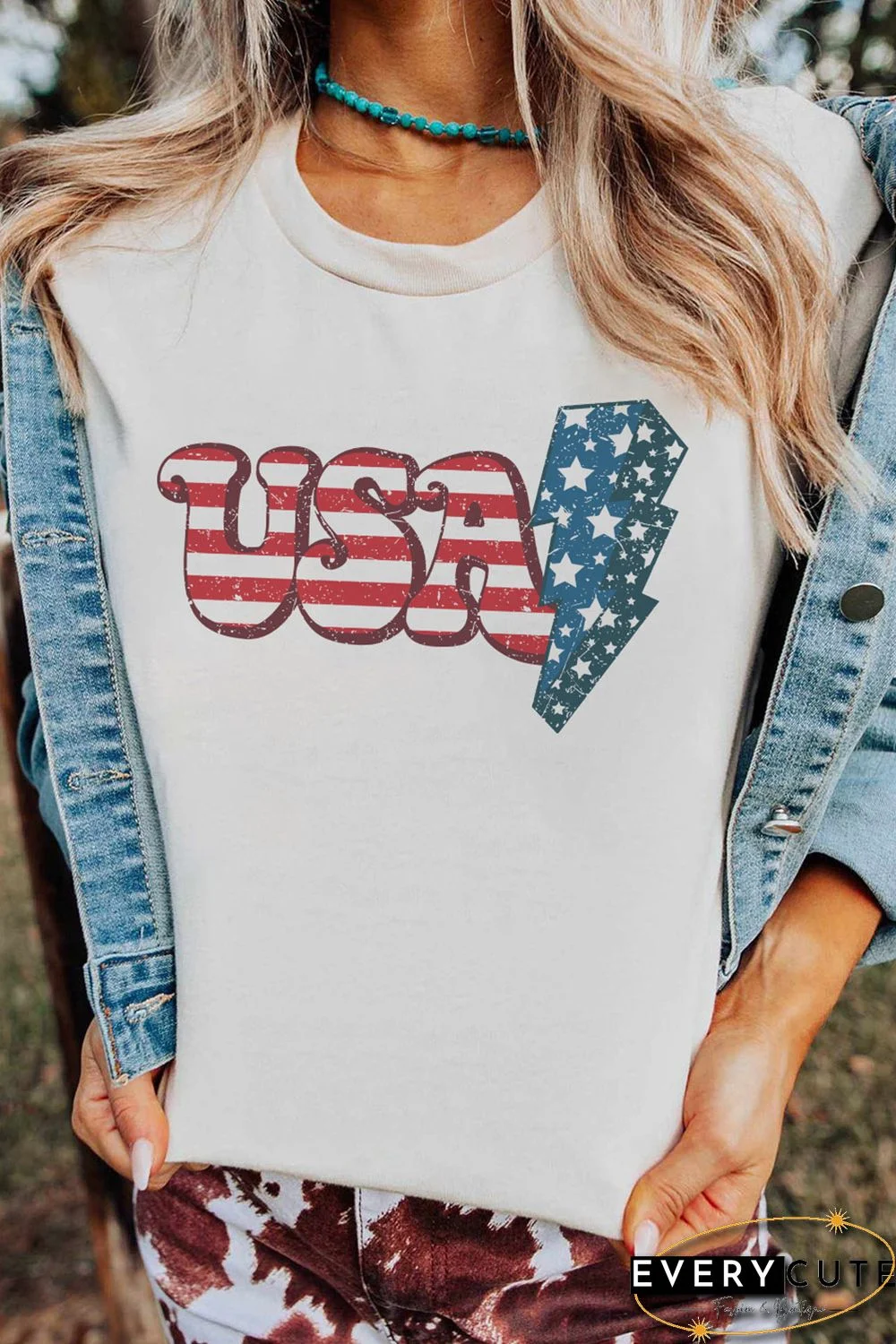 White USA Lightning Graphic Print Short Sleeve T Shirt