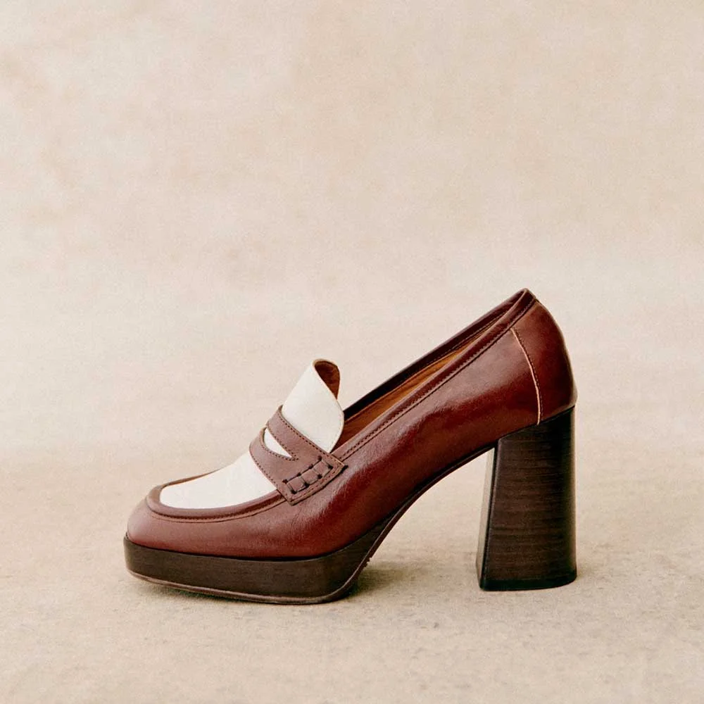 Brown Vegan Leather Closed Square Toe Platform Loafers With Chunky Heels Nicepairs