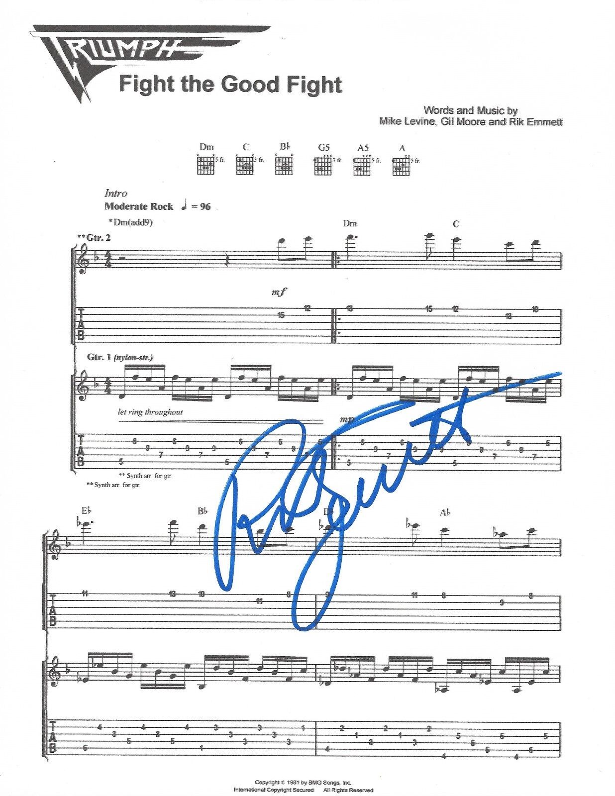 Rik Emmett of Triumph REAL SIGNED Fight The Good Fight sheet music #2 COA