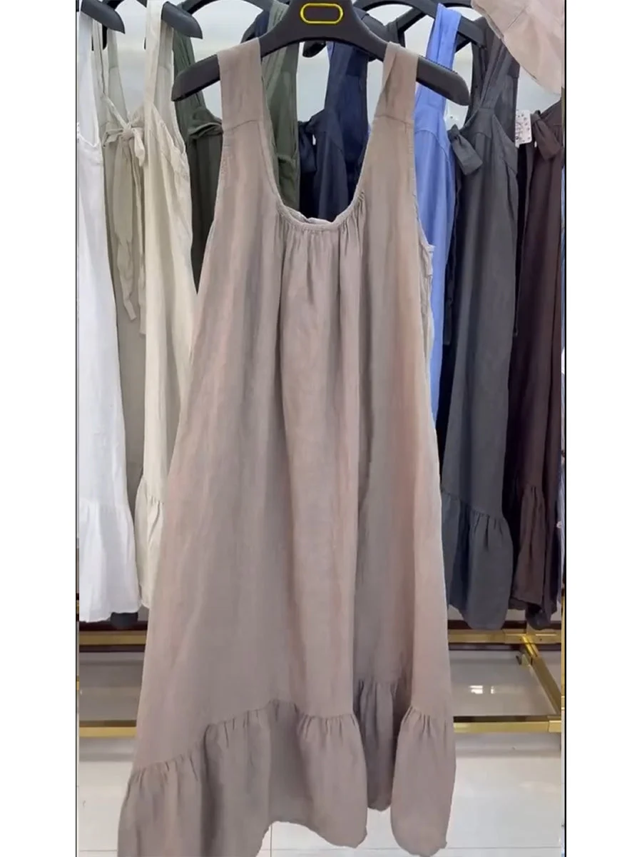 Women's Sleeveless Cotton and Linen Dress with Tie Back