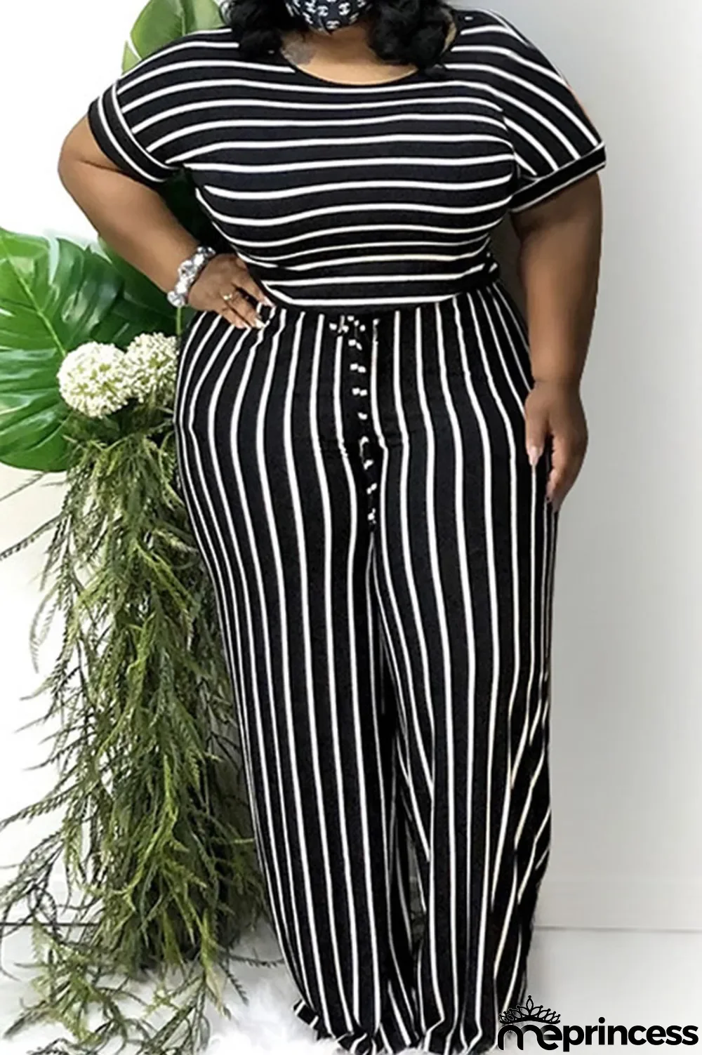 Grey Polyester Sexy Striped Print Stripe Plus Size