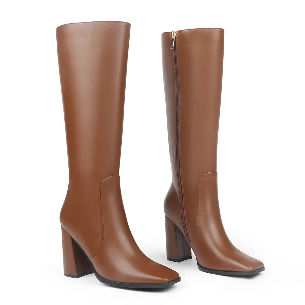 95mm/3.74 Women's Knee High Boots Chunky Heels Square Toe Boots Go Go Boots with Side Zipper-vocosishoes